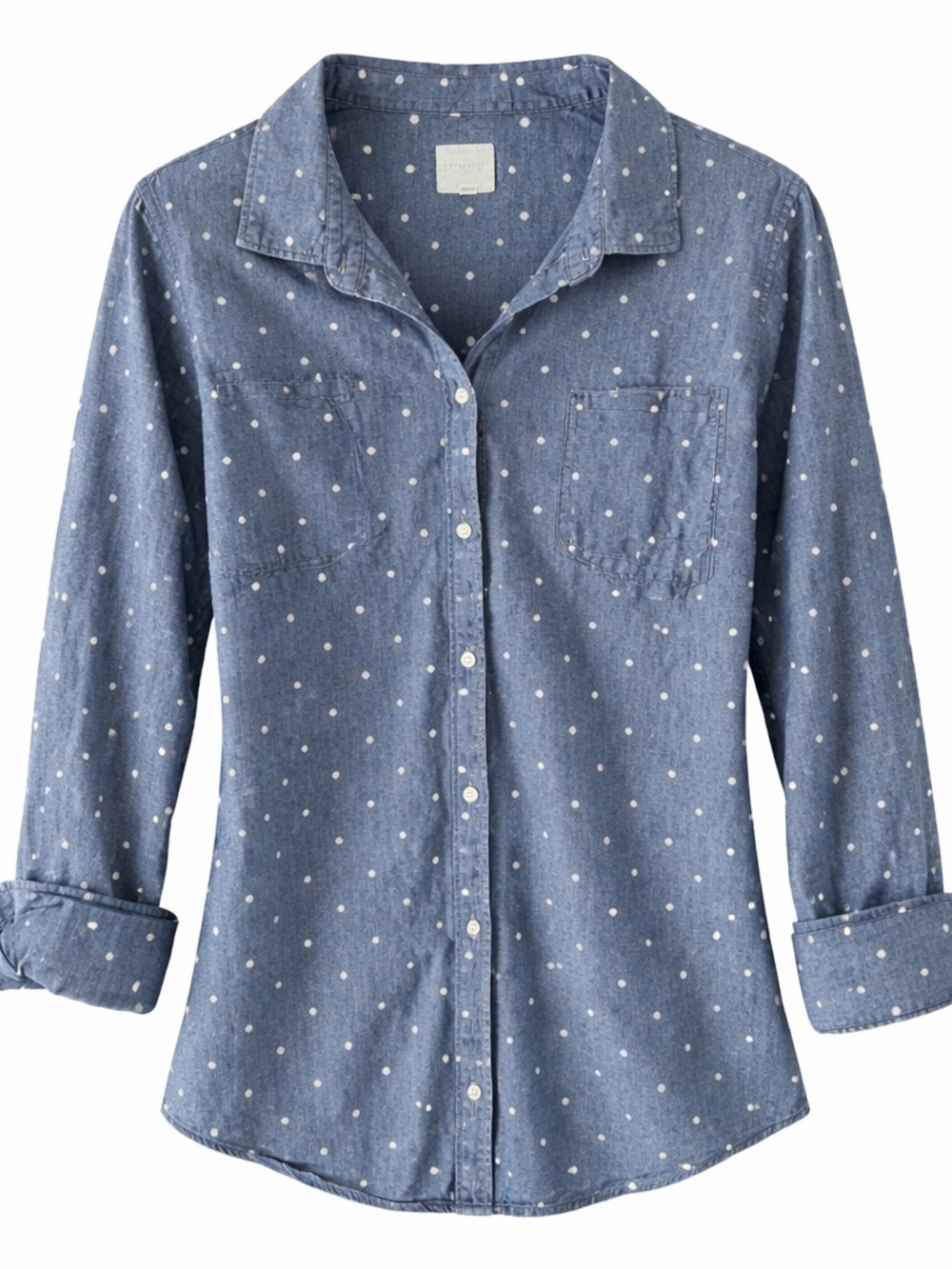 J Crew Chambray Button-Up Top with white polka dots. Women’s Size Small